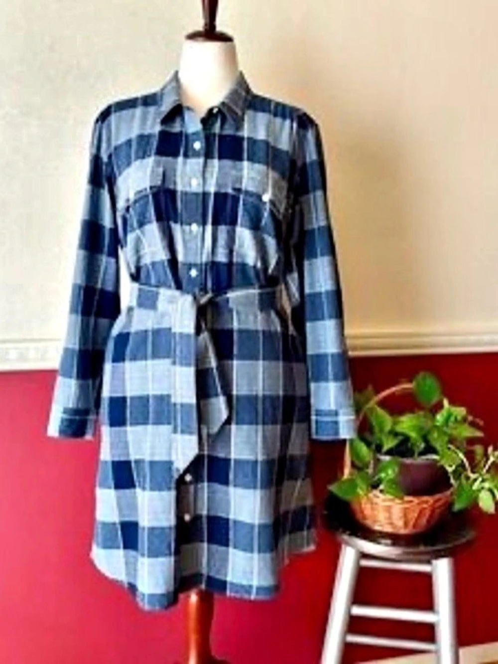 Lands' End Plaid Cotton Shirt Dress in Blue & White Size Large NWT